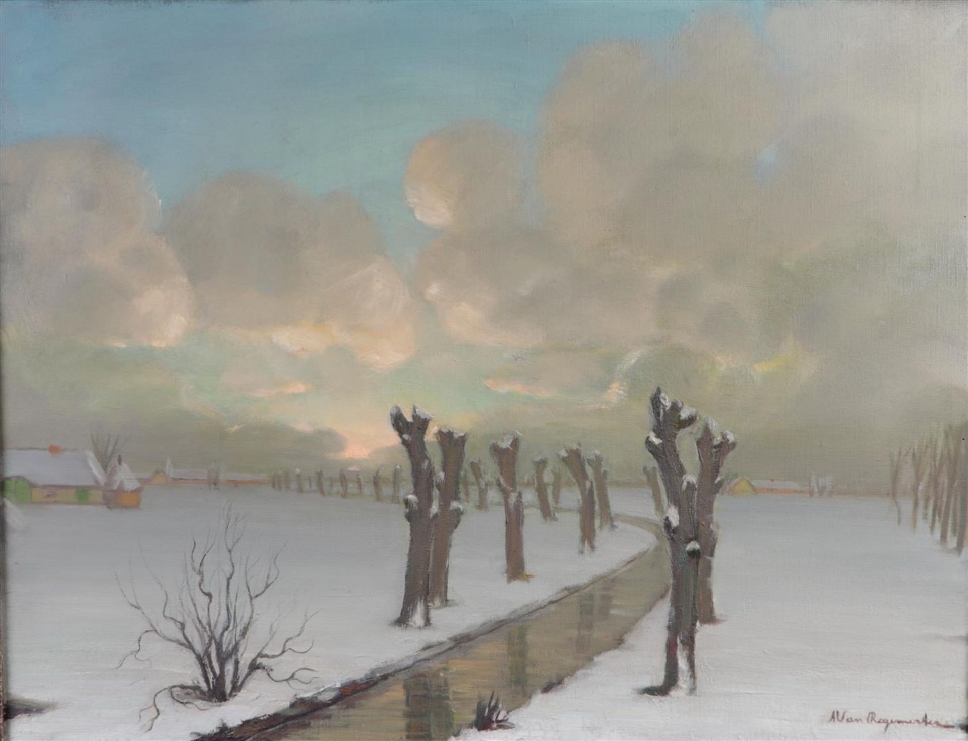 Belgian School, 20th century, Winter landscape with pollard willows along a farm ditch, unclearly si