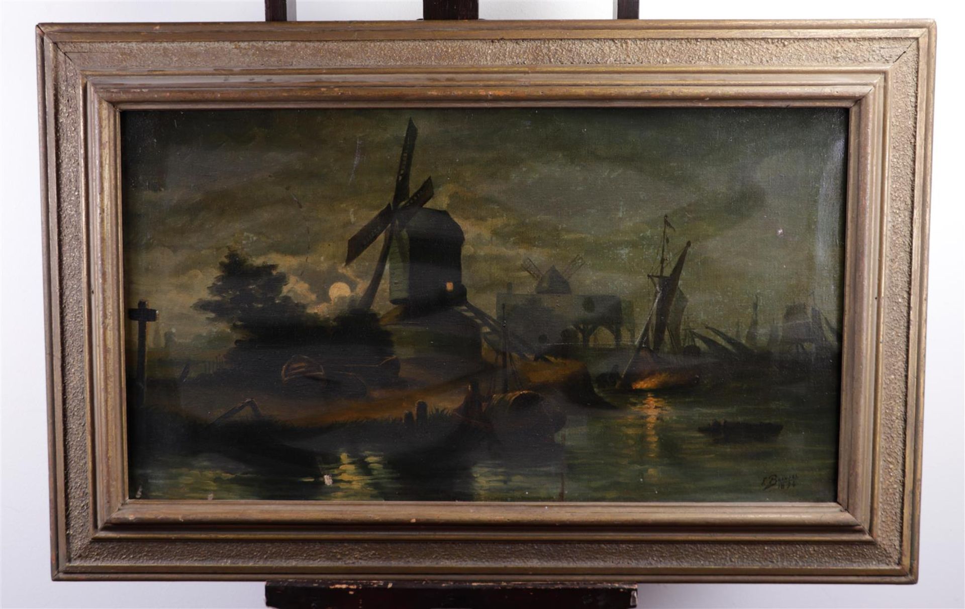 Dutch School, 20th century, Moonlit river landscape with windmills, signed and dated 1894, oil on ca - Bild 2 aus 4