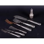 Lot of various silver consisting of a serving set for fish, a salad fork with horn tines, (2) meat f