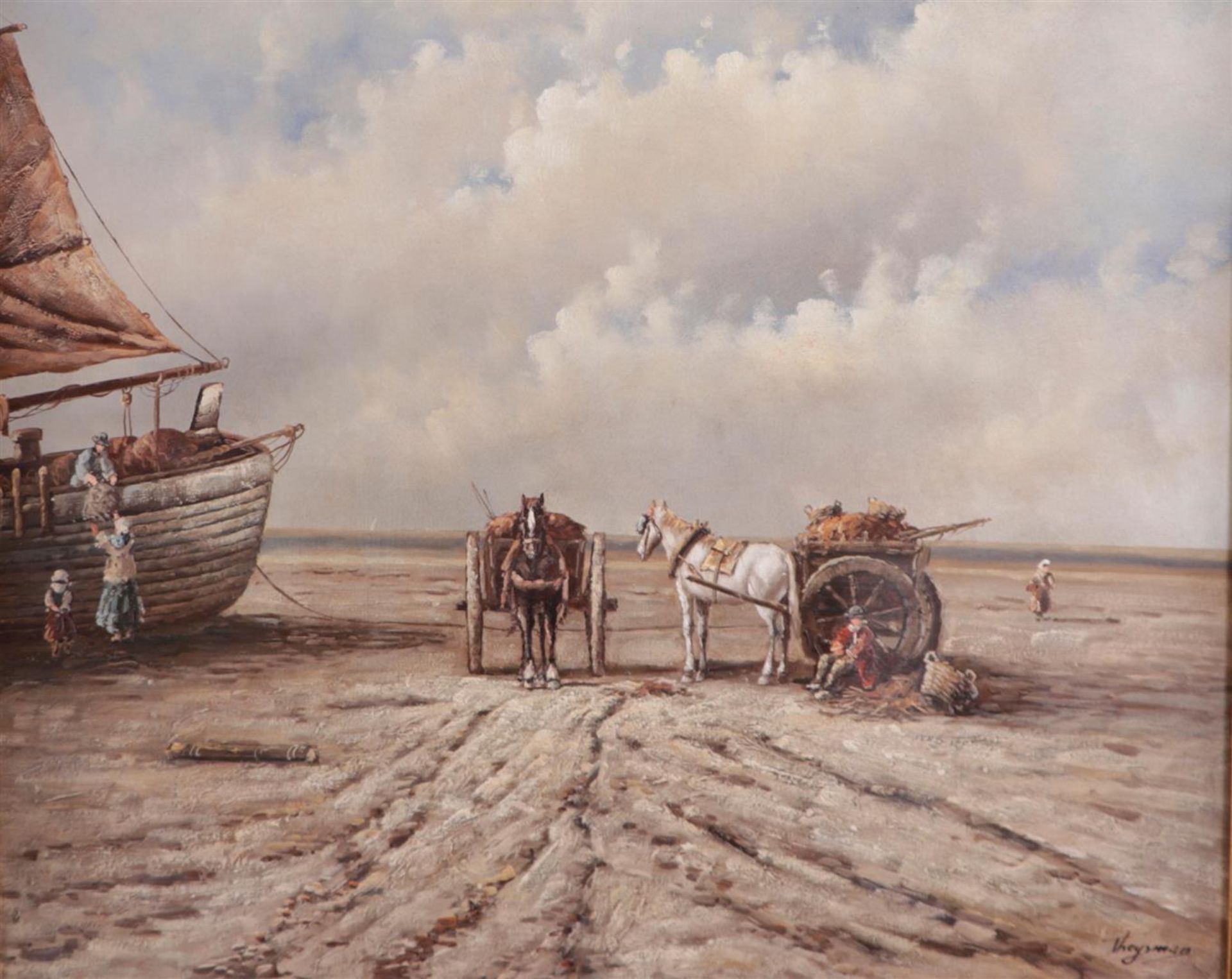 Dutch School, 20th century, Bomb barges on the beach, signed 'Theysman' (bottom right), oil on canva