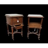 A pair of oak bedside tables or potty cupboards on turned legs with bronze wheels. Both have a drawe