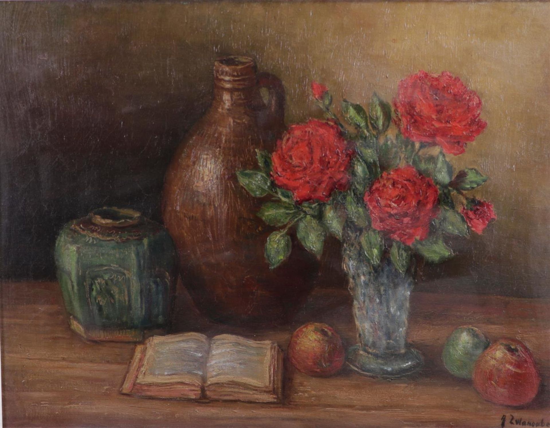 Dutch School, 20th century, Still life with ginger jar and roses, signed 'J. Zwanenburg' (bottom rig