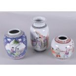 A lot of three porcelain famile rose vases/pots, decorated with various figures. China, Republic.