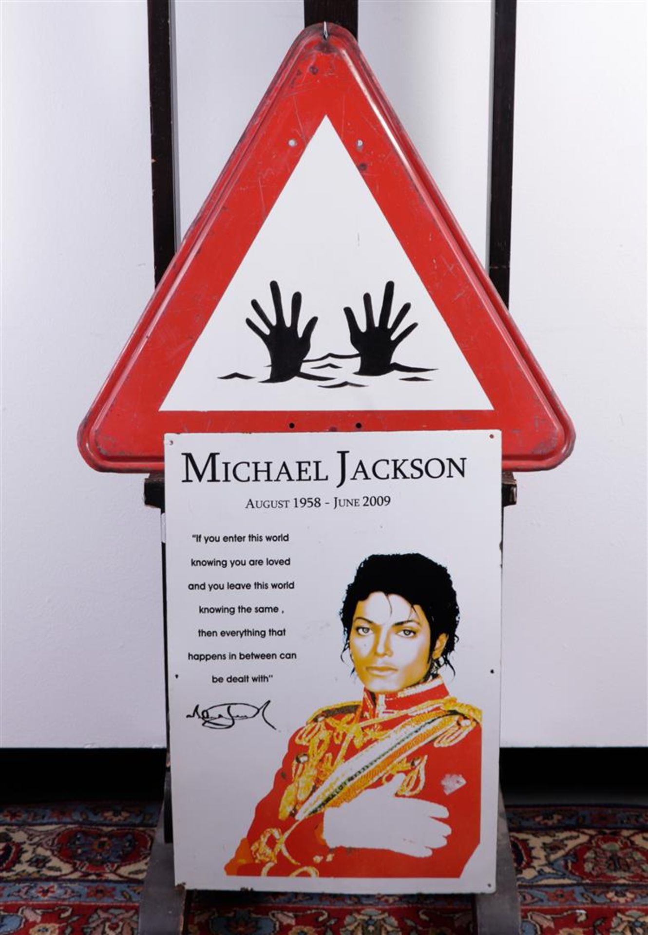 A lot consisting of two enamel signs. The first is a memorial board for Michael Jackson with color i