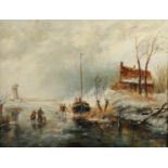 Jan van den Elsakker, Winter landscape with skaters on the ice, signed (lower right), oil on canvas,