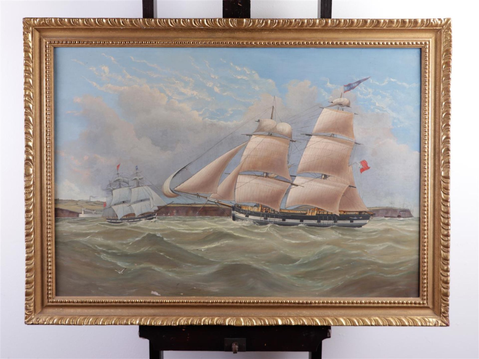 English School, ca. 1900, Ship portrait on rough water near Dover, signed 'Thomas' in the vane, oil  - Bild 2 aus 3