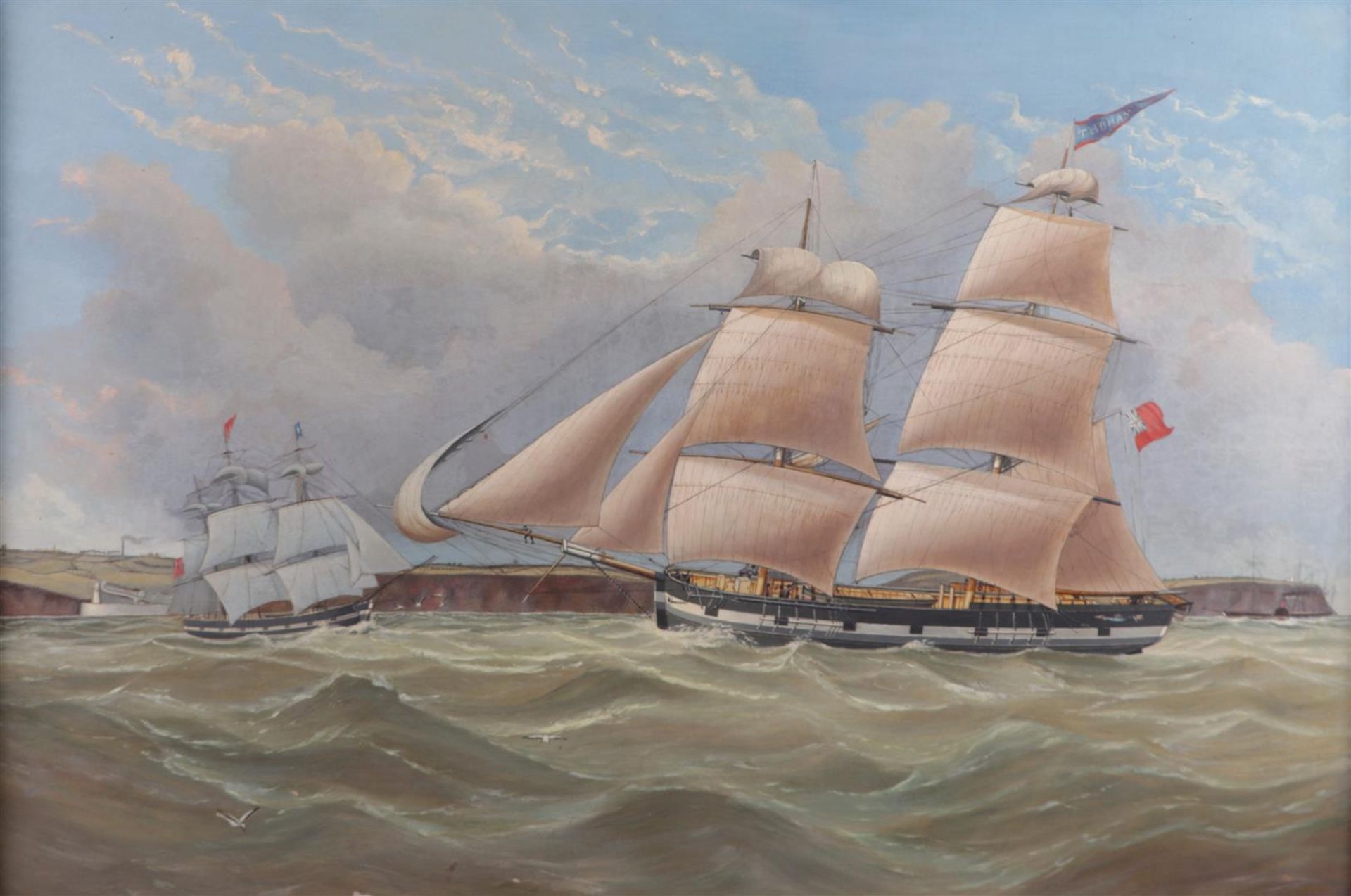 English School, ca. 1900, Ship portrait on rough water near Dover, signed 'Thomas' in the vane, oil 