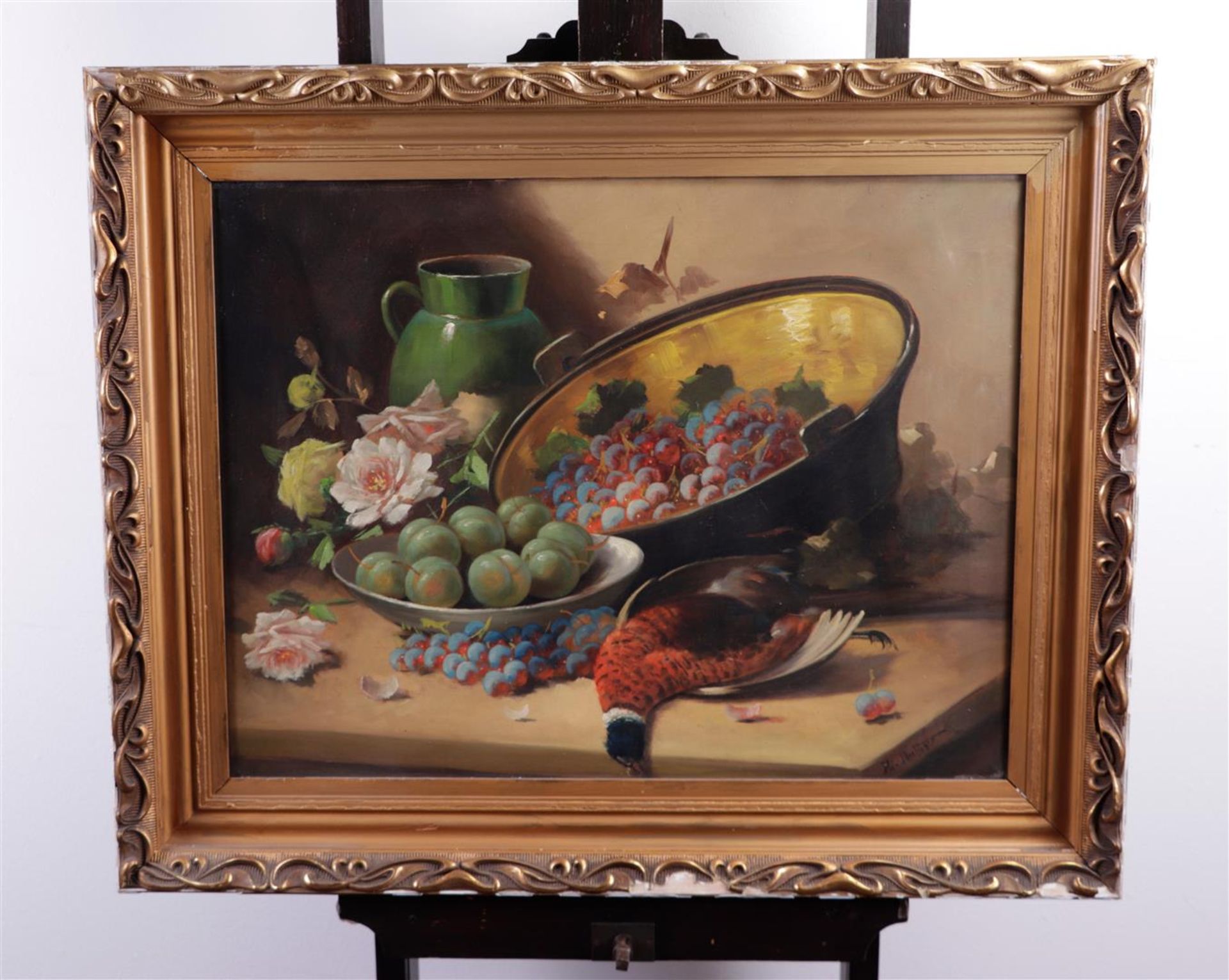 Beklgische School, ca, 1930, A still life with game, grapes and roses near a green jug, unclearly si - Bild 2 aus 4