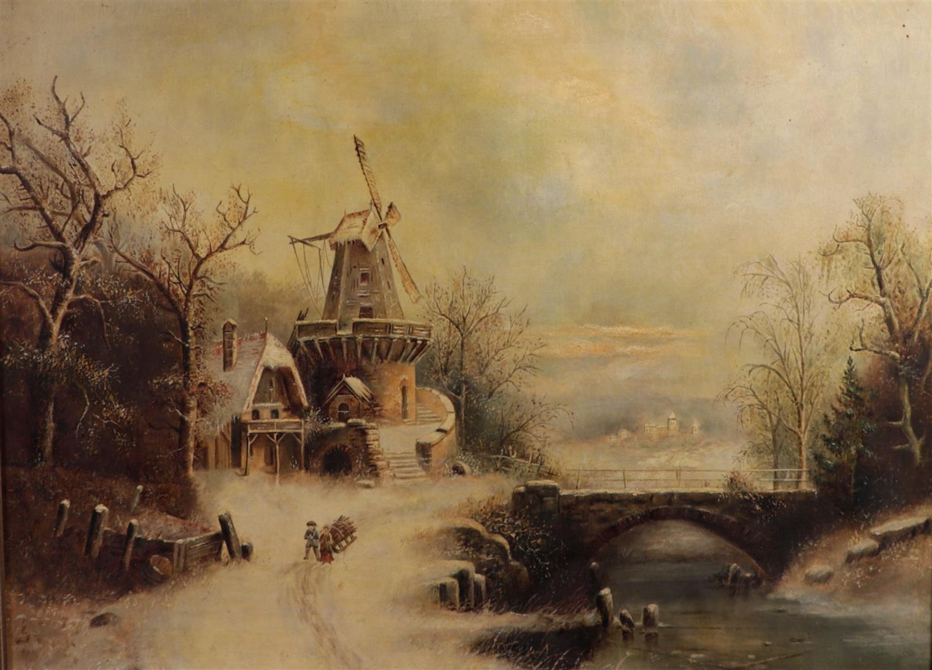 Dutch School, early 20th century, Winter landscape with figures at a mill on a river, oil yard on ca