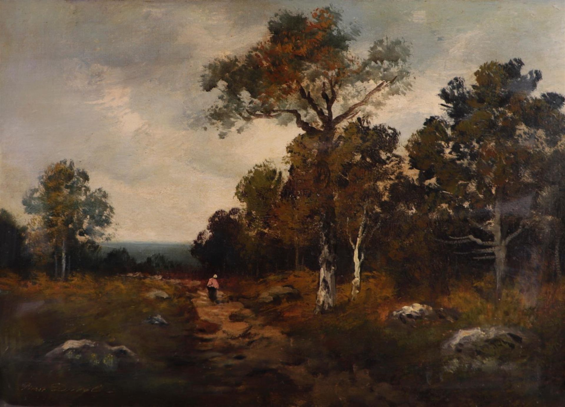 Pierre Duval, 20th century, Peasant woman on a forest path, signed (bottom left), oil on canvas,
50 