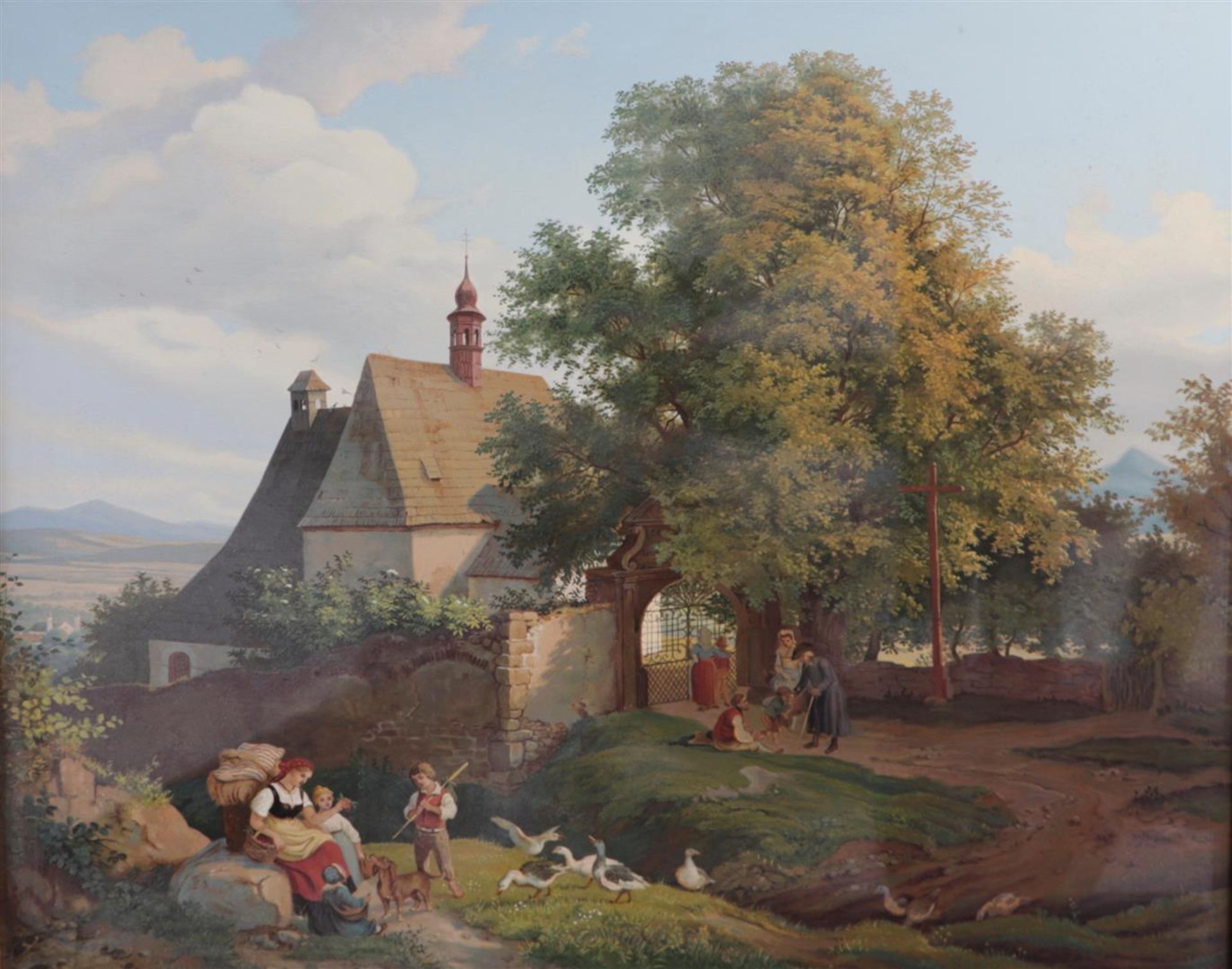 German School, 20th century, Herdess with gees near a village, oil on panel,
55 x 65 cm.