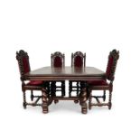 An elaborate carved Neo-Renaissance dining room set. covered with red velvet, late 19th century.