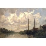Petrus Paulus Schiedes II (1813 - 1876), A moored flat-bottomed boat in a polder landscape, signed (