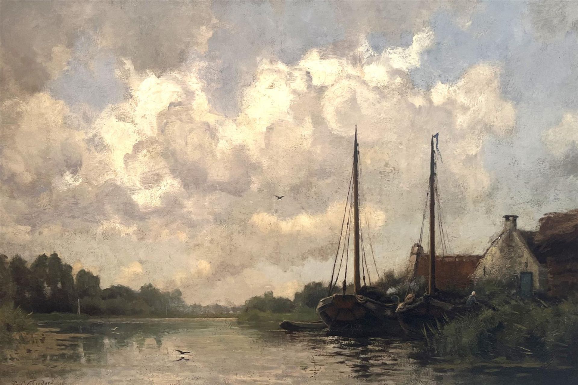 Petrus Paulus Schiedes II (1813 - 1876), A moored flat-bottomed boat in a polder landscape, signed (