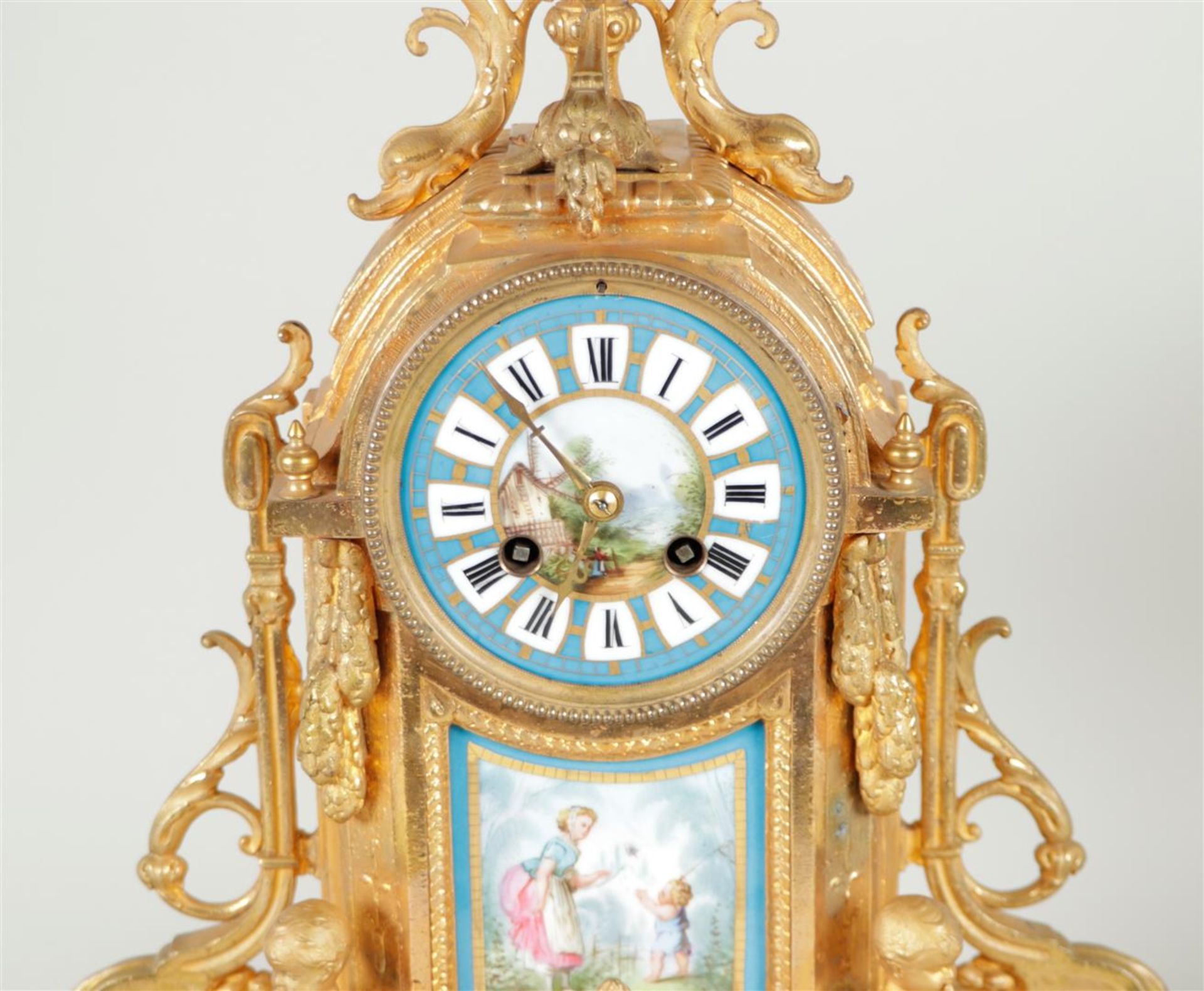 An ormolu-plated Garniture de Chéminée with porcelain plaques with scenes after Francois Boucher, al - Image 3 of 4