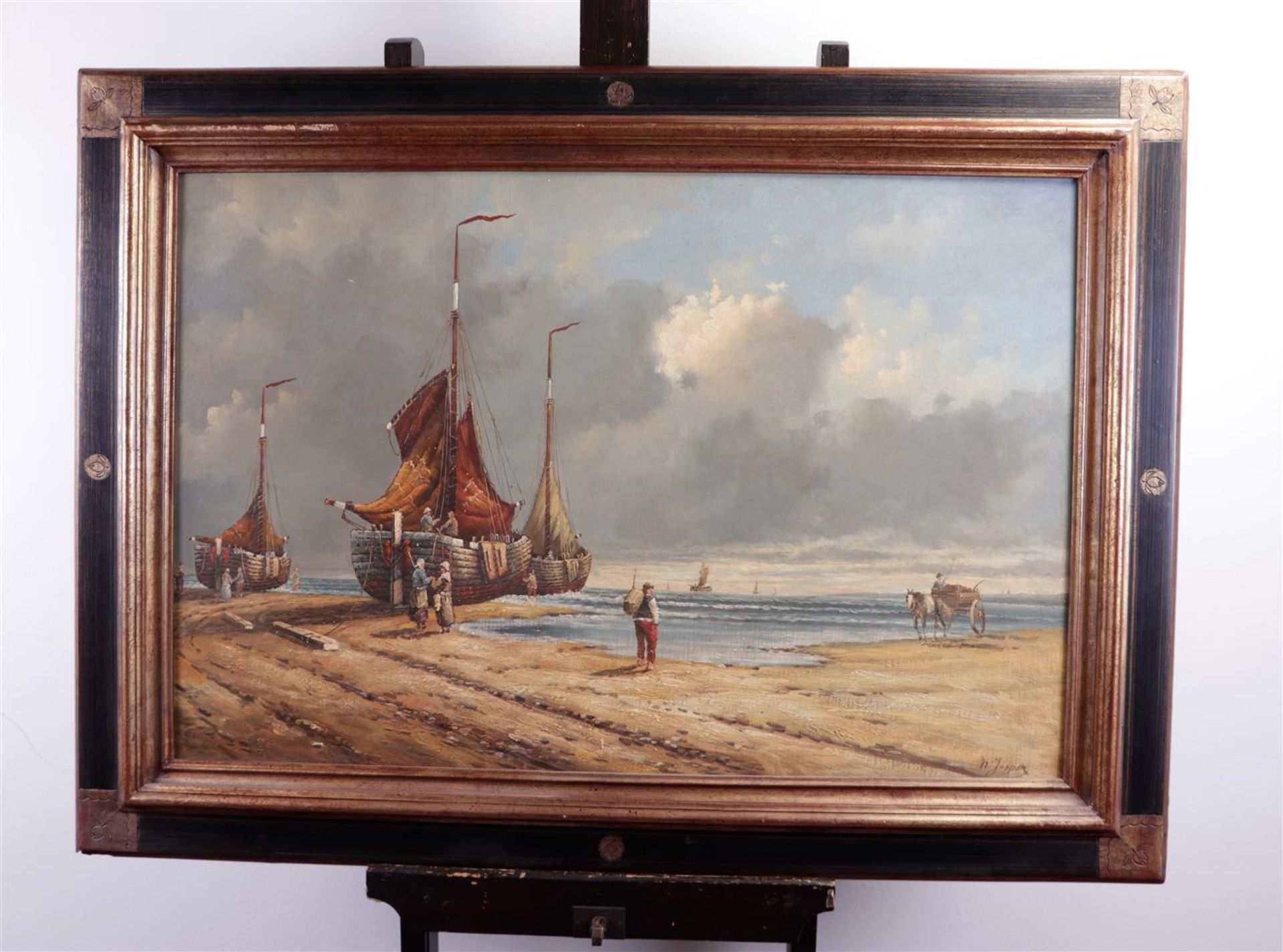 Dutch School, 20th century, Bomb barges on the beach, signed 'N. Jasper' (bottom right), oil on canv - Bild 2 aus 4