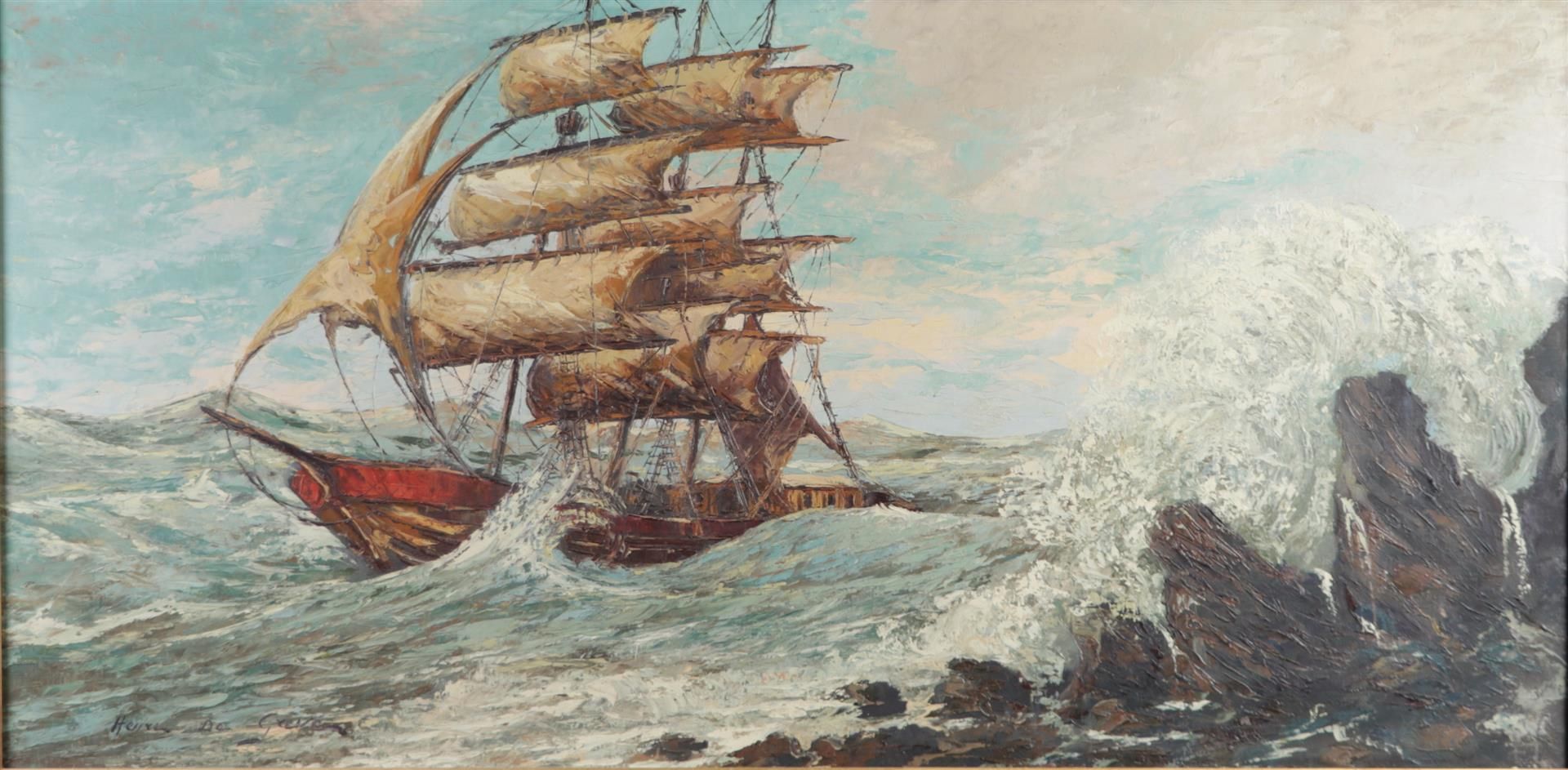 Signed 'Henri Den Greve', 20th century, A clipper near a rocky coast, signed (bottom left), oil on o