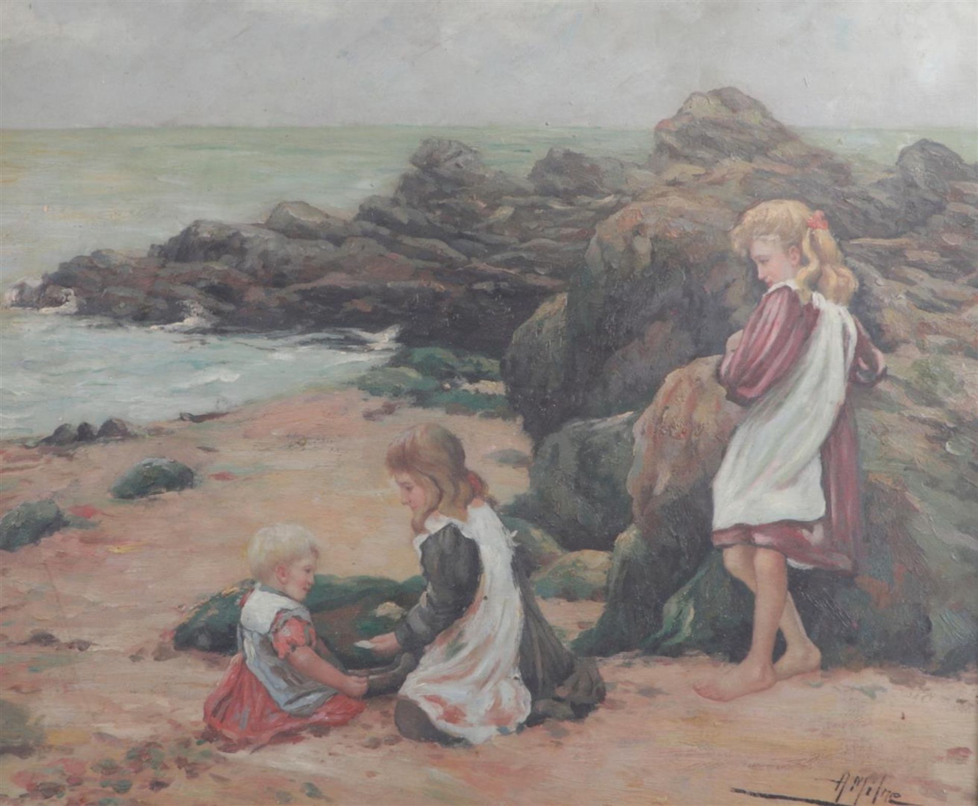 A. Milner, Children playing on the beach, signed (bottom right), oil on canvas,
50 x 60 cm.