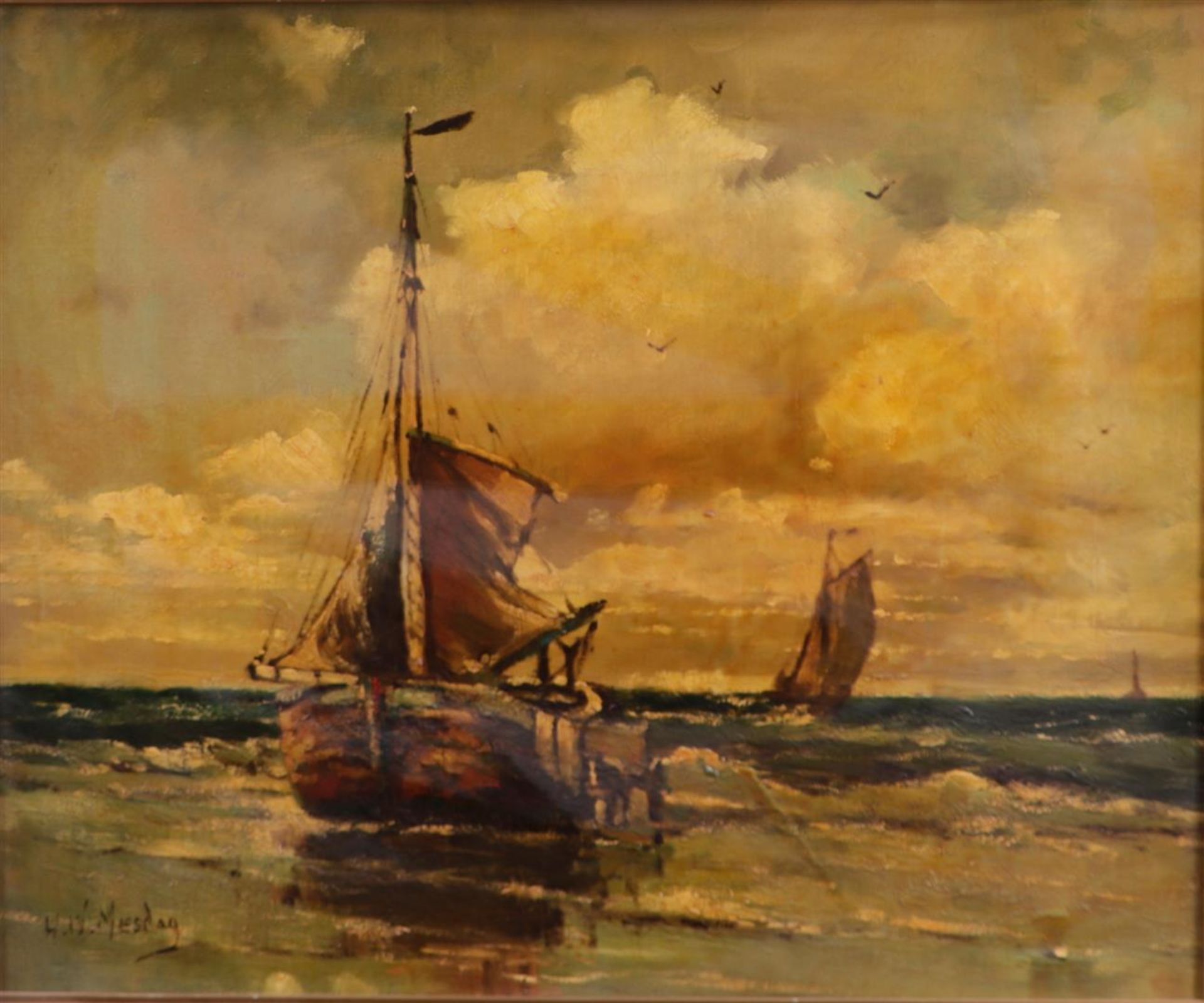 Dutch School, 20th century, signed H.W. Mesdag, Bomb barges in the surf, oil on panel,
50 x 55 cm.