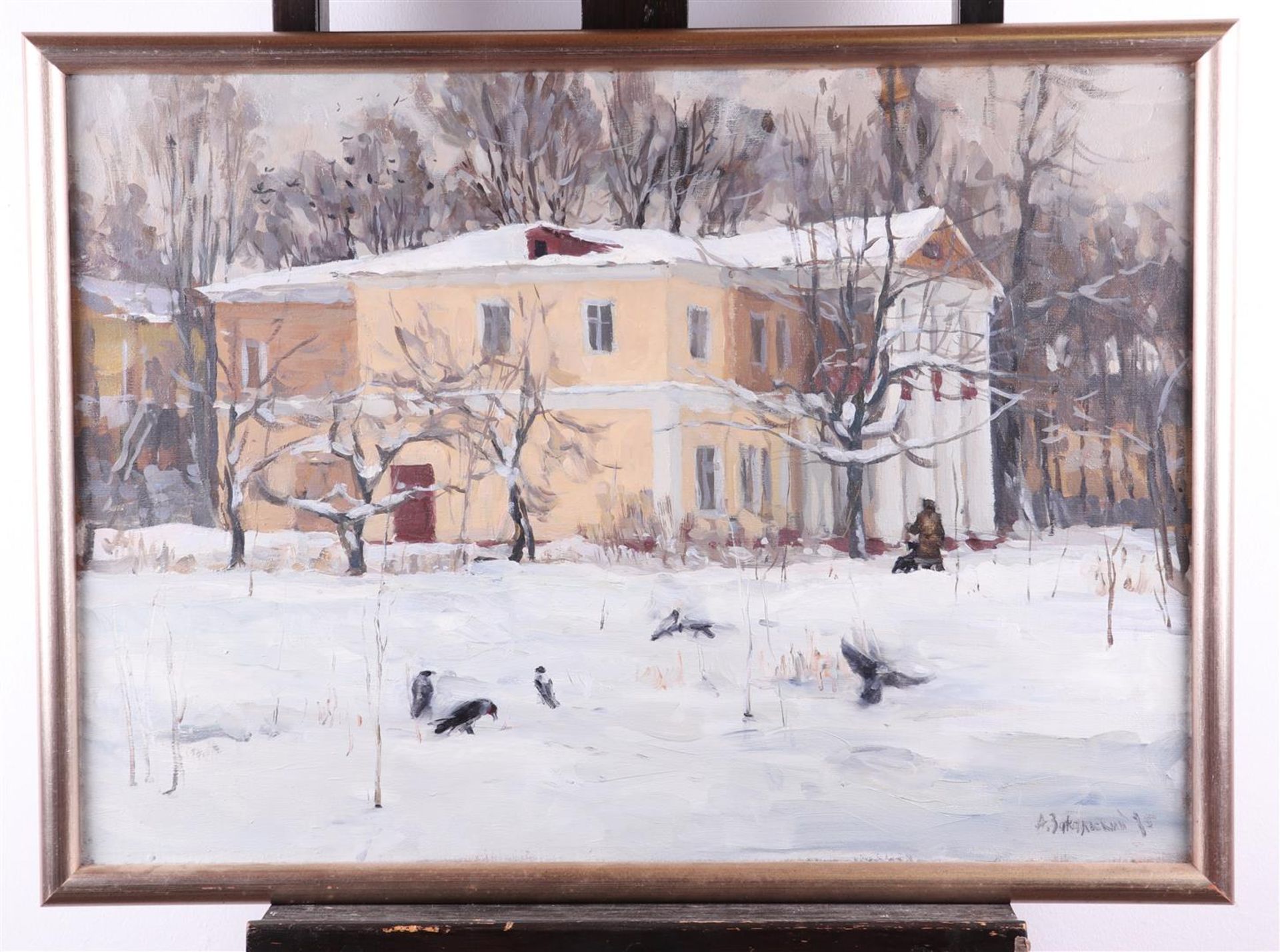 East European School, 20th century, A winter landscape with country house and ravens, indistinctly s - Image 2 of 5