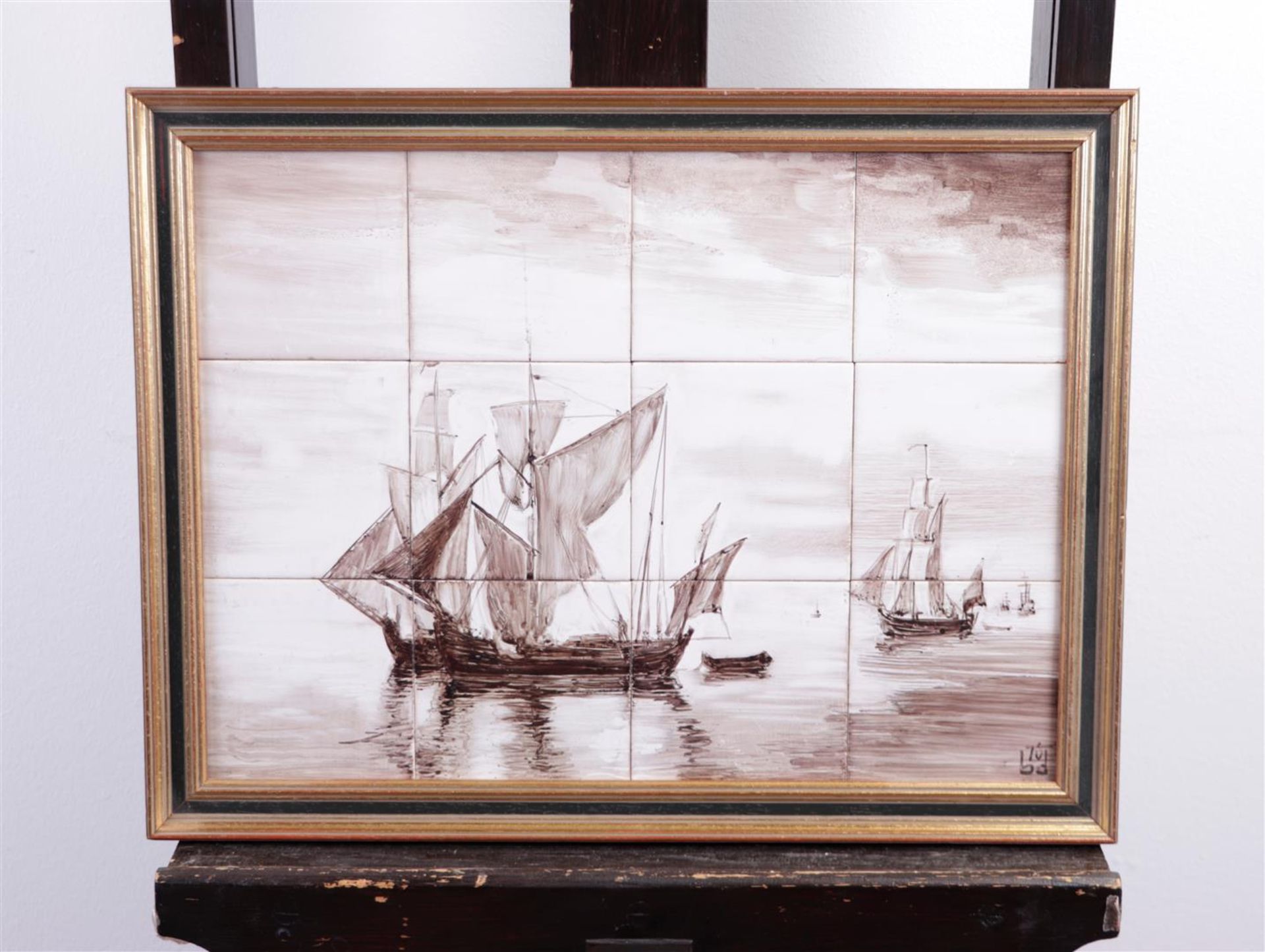 A tile tableau consisting of 12 tiles, depicting a marine, with signature (bottom right),
32 x 44 cm - Image 2 of 3