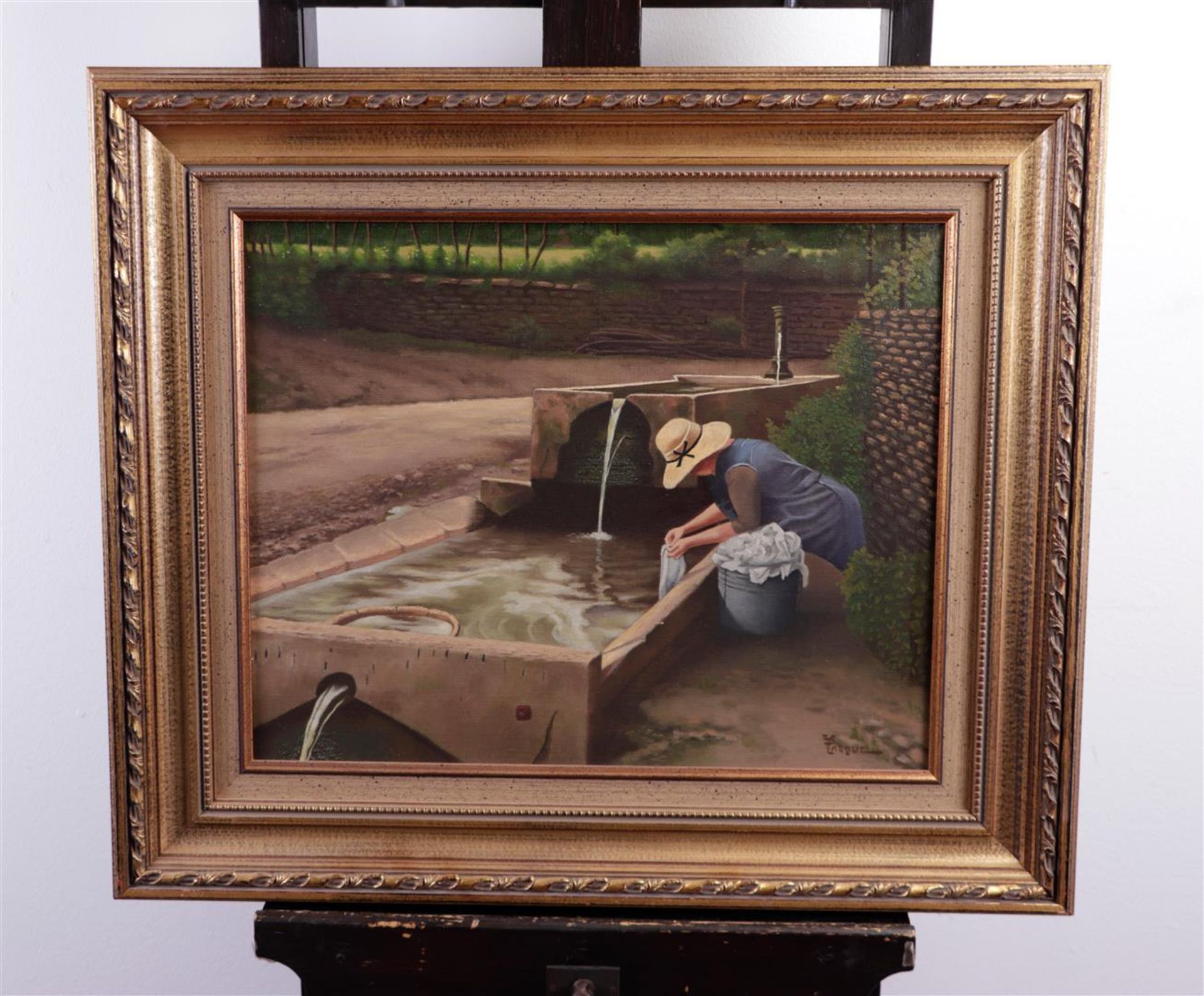 French School, 20th century, Woman at washing place, signed 'Pasque', oil on canvas,
40 x 50 cm. - Image 2 of 4