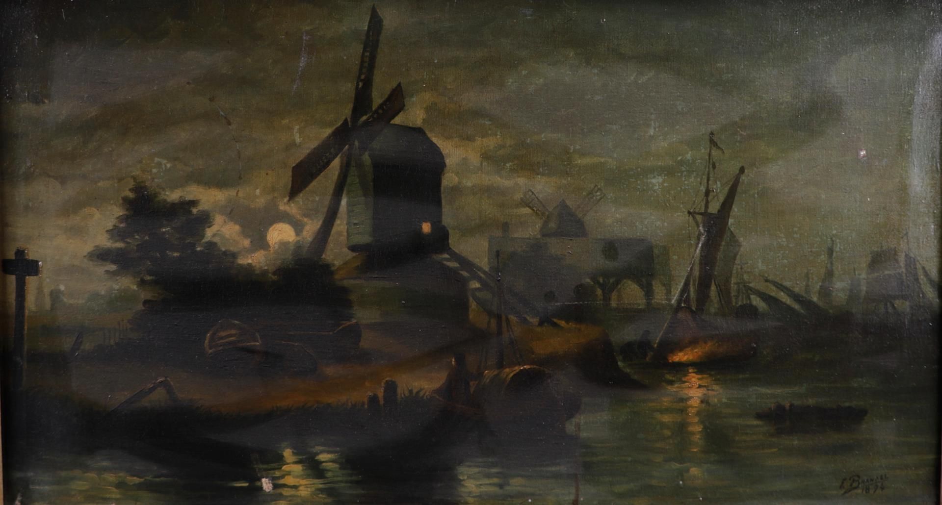Dutch School, 20th century, Moonlit river landscape with windmills, signed and dated 1894, oil on ca