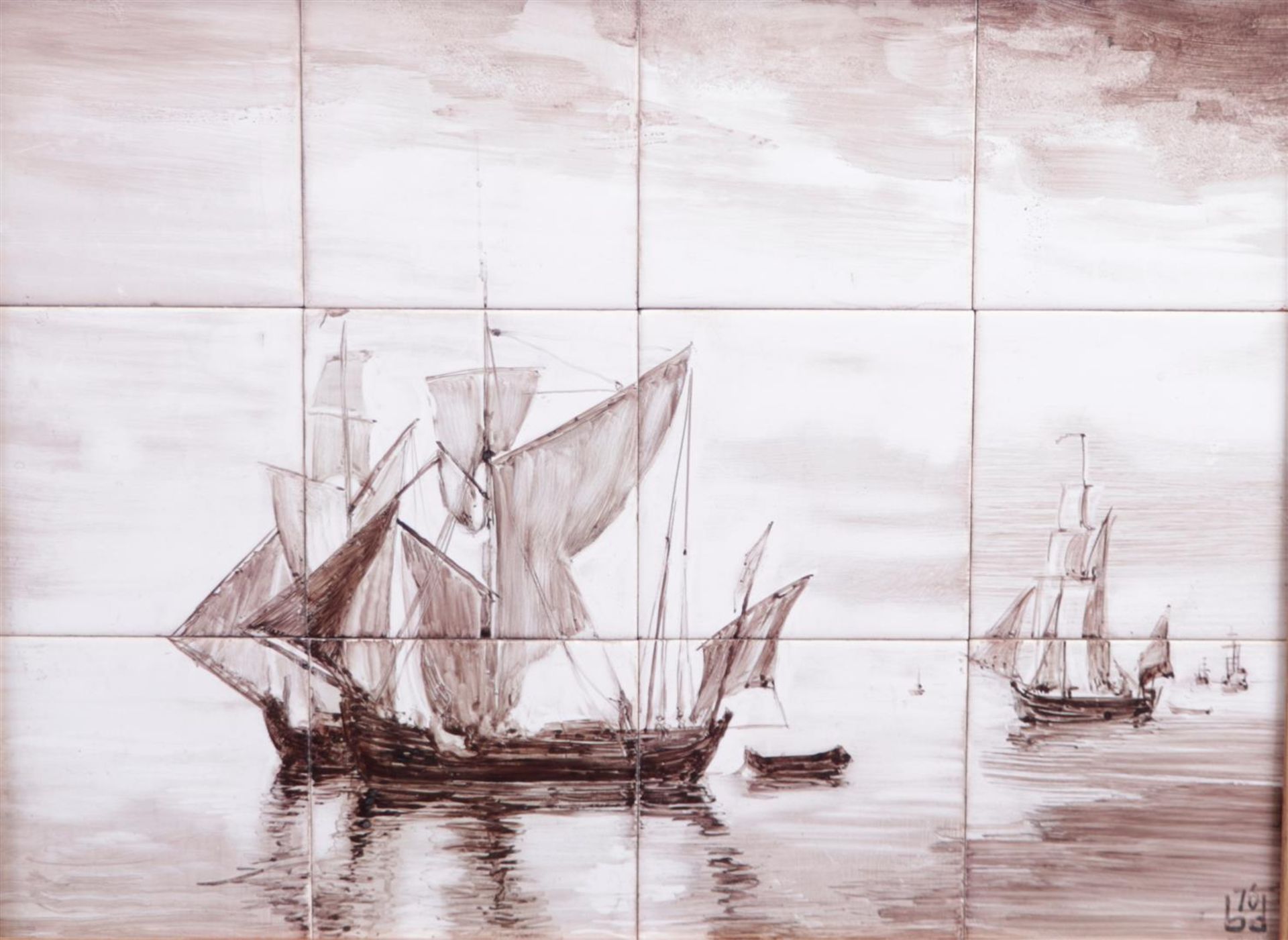 A tile tableau consisting of 12 tiles, depicting a marine, with signature (bottom right),
32 x 44 cm