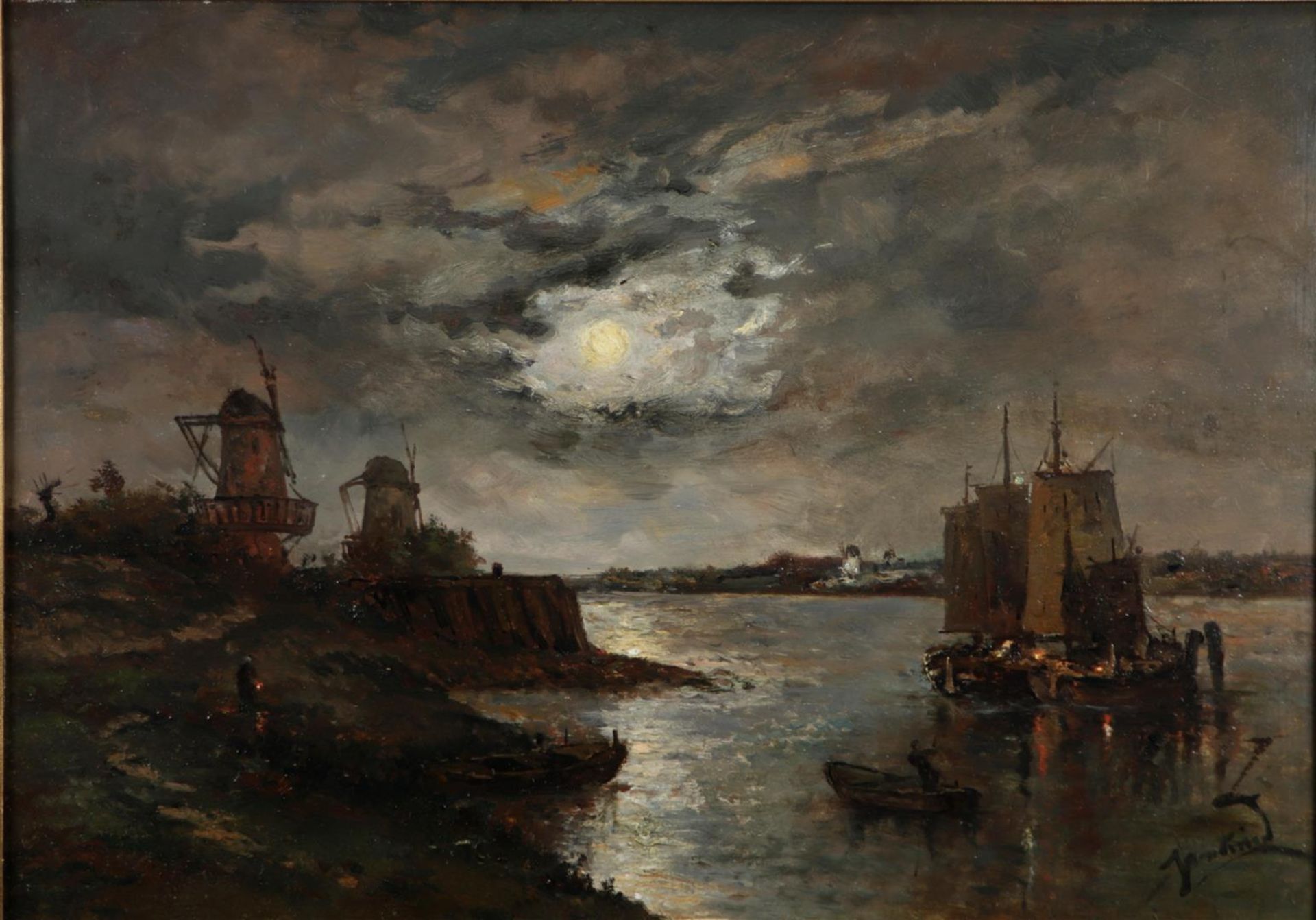Dutch School, 20th century, River landscape by moonlight, unclearly signed (bottom right), oil on pa