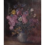 Unknown, 20th century, Still life of flowers in a stoneware vase, unclearly signed (lower right), oi