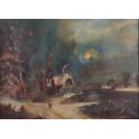 Dutch School, 20th century, in the style of F.M. Kruseman, winter landscape with a village on a rive
