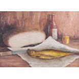 K. van Delm, 20th century, Still life with bucking, white bread and beer,
50 x 70 cm.