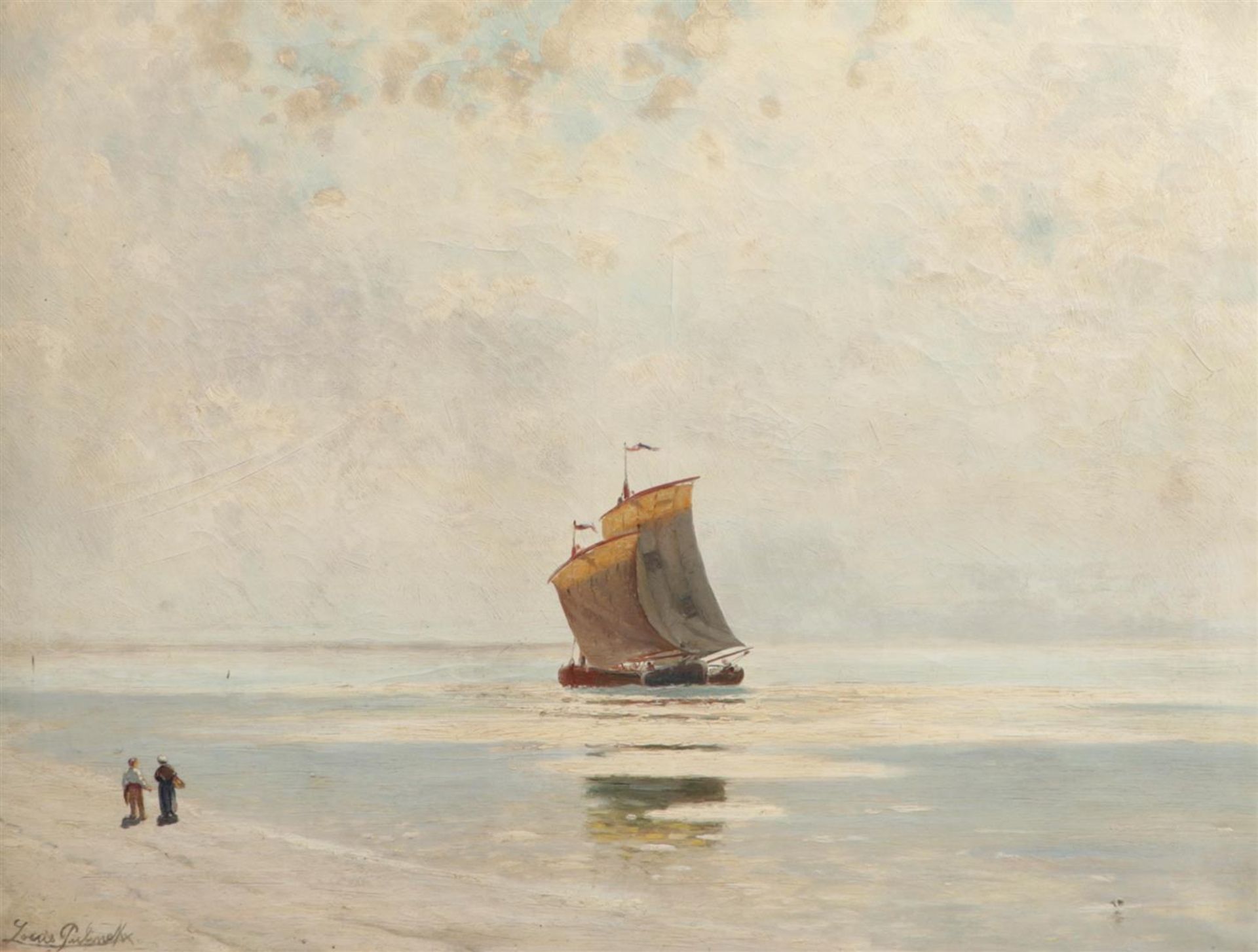 Louis Pulinkx (1843-1910), Walkers along the coast, a fishing ship at the high tide line, signed (bo