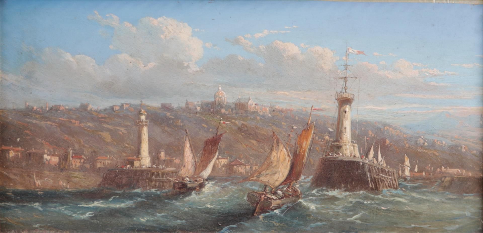 English School, Sships on rough waters near Dover, oil on panel,
18 x 35 cm.