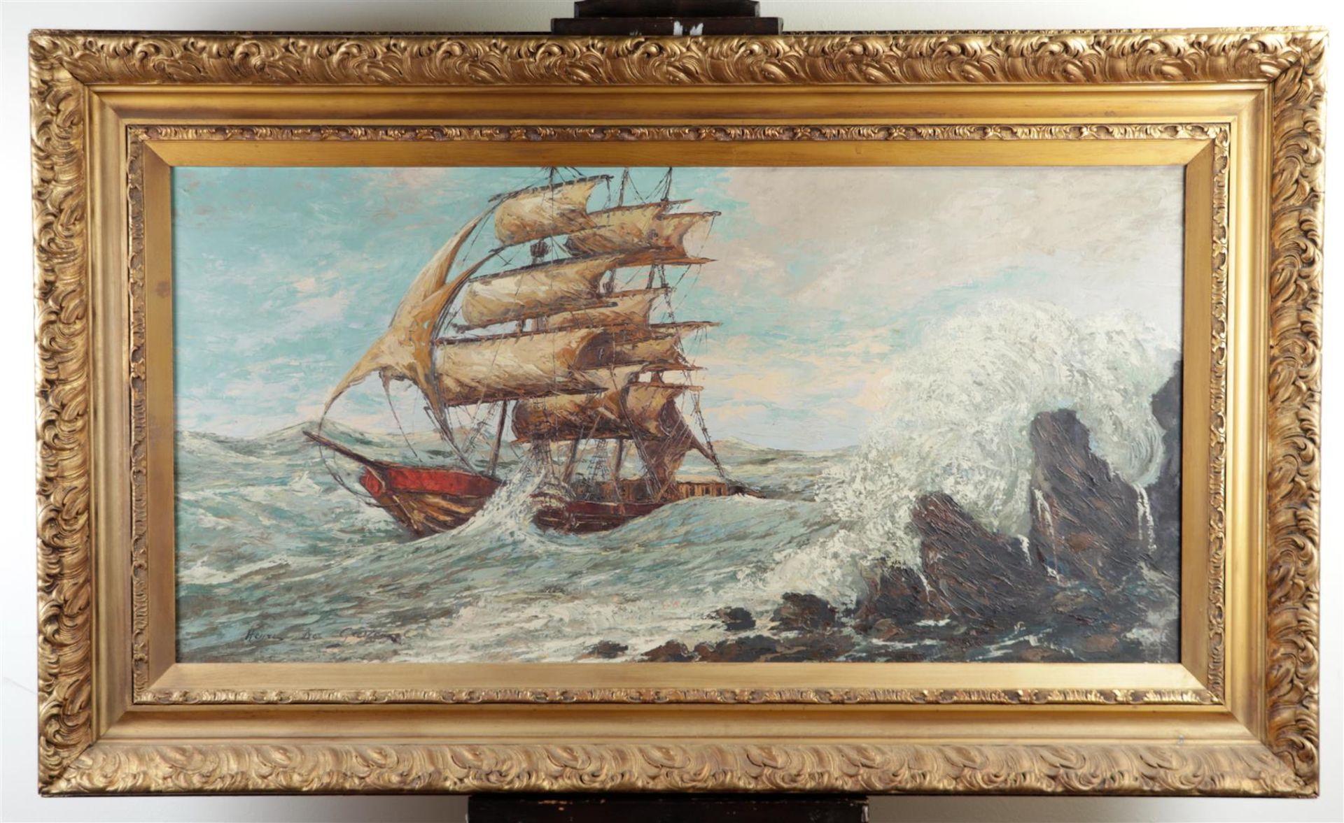Signed 'Henri Den Greve', 20th century, A clipper near a rocky coast, signed (bottom left), oil on o - Image 2 of 4