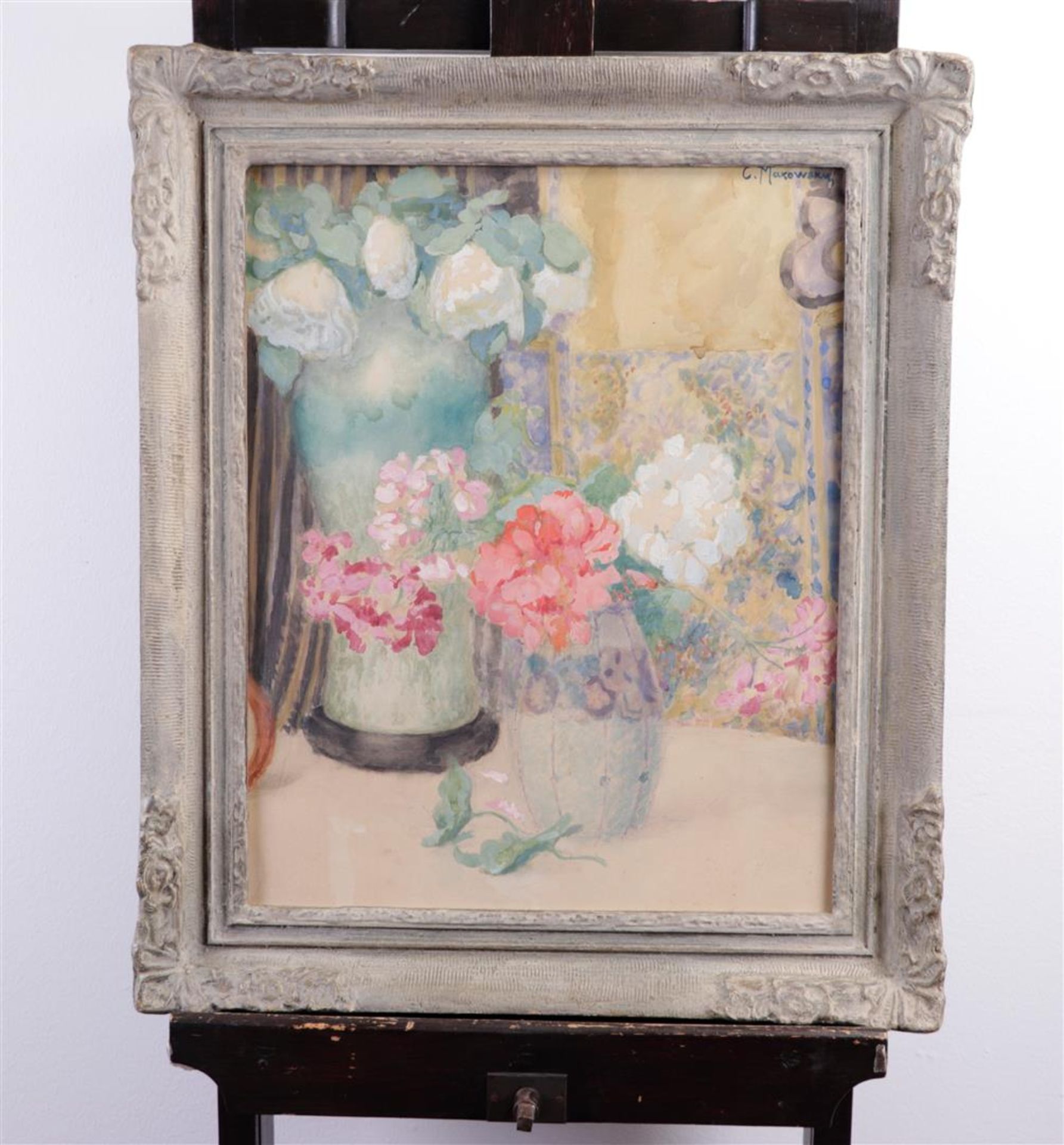 Signed Marovski, ca. 1900, Still life of flowers in a vase, signed (top right), watercolor on paper, - Bild 2 aus 4