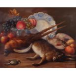 Belgian School, 20th century, Hunting still life, unclearly signed (lower right), oil on board,
55 x