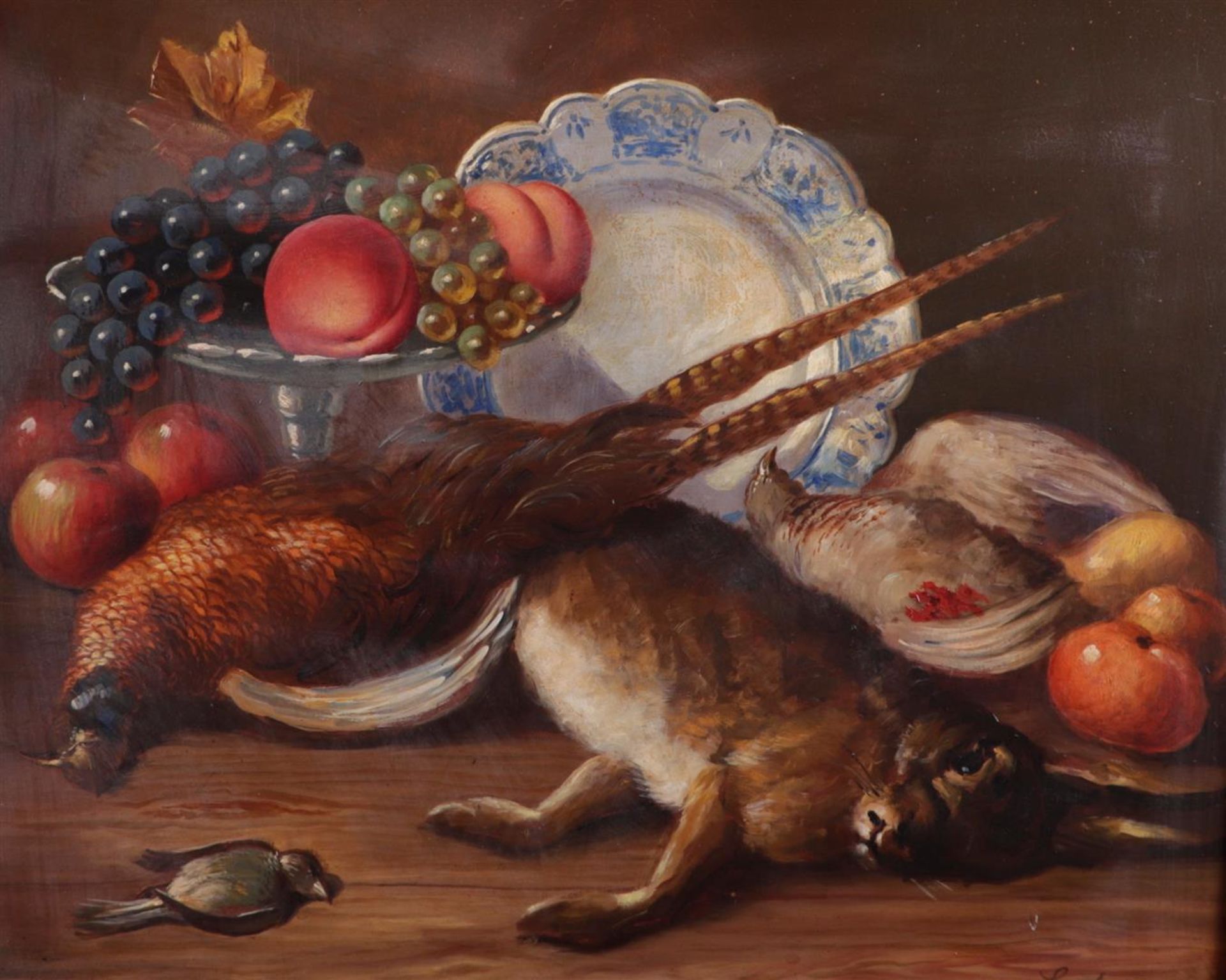Belgian School, 20th century, Hunting still life, unclearly signed (lower right), oil on board,
55 x