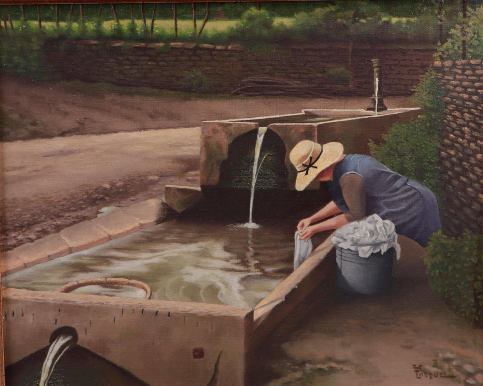 French School, 20th century, Woman at washing place, signed 'Pasque', oil on canvas,
40 x 50 cm.