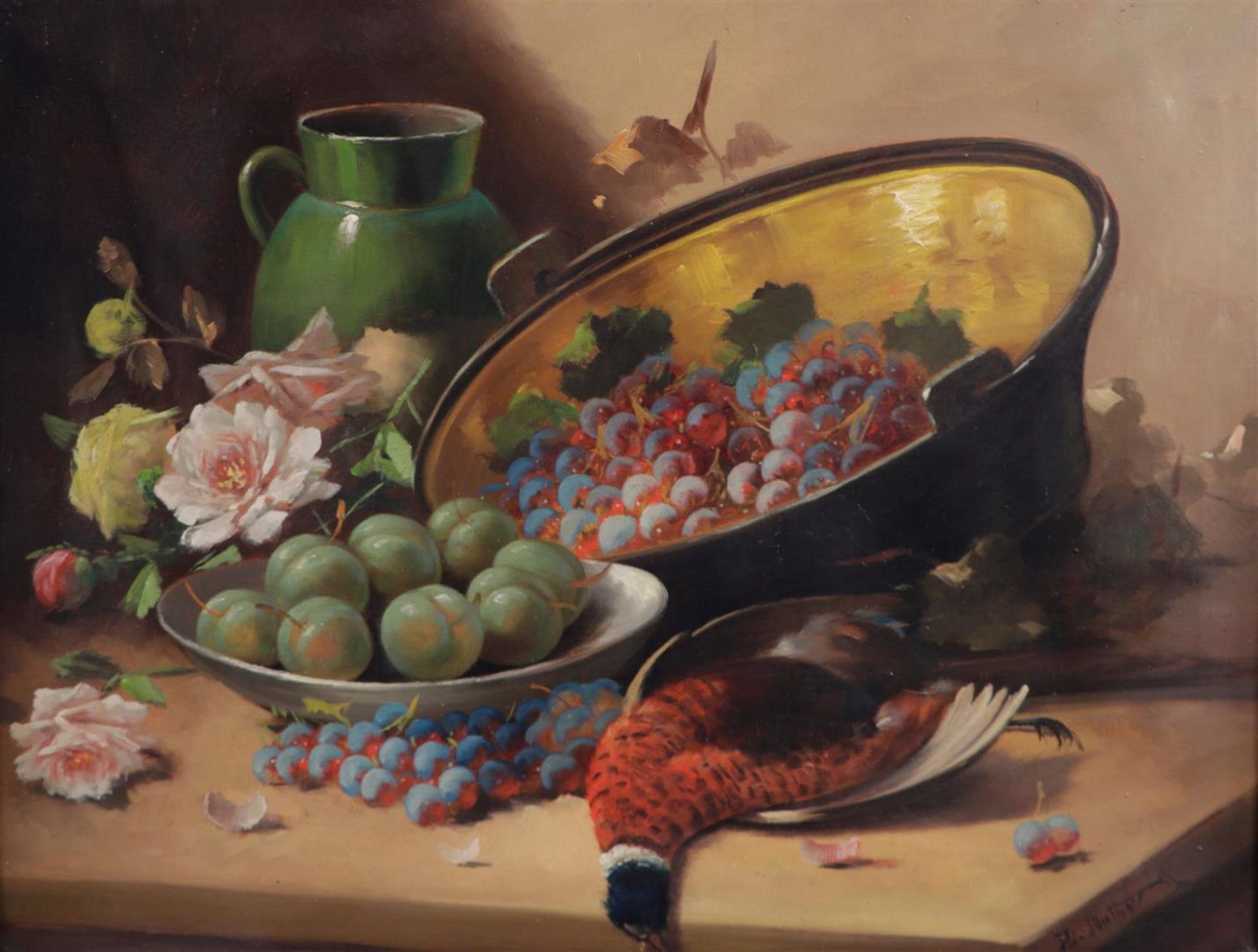 Beklgische School, ca, 1930, A still life with game, grapes and roses near a green jug, unclearly si