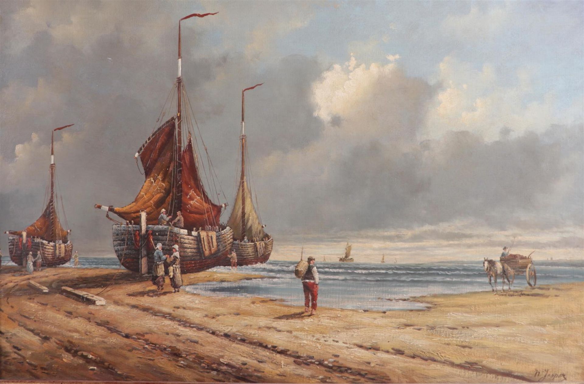 Dutch School, 20th century, Bomb barges on the beach, signed 'N. Jasper' (bottom right), oil on canv