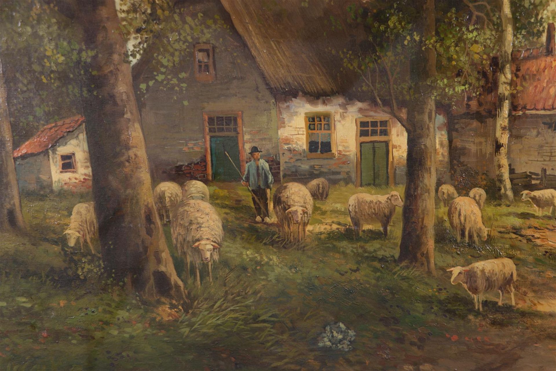Dutch School, early 20th century, Farm on sandy path with shepherd and flock of sheep, unclearly sig - Image 4 of 5