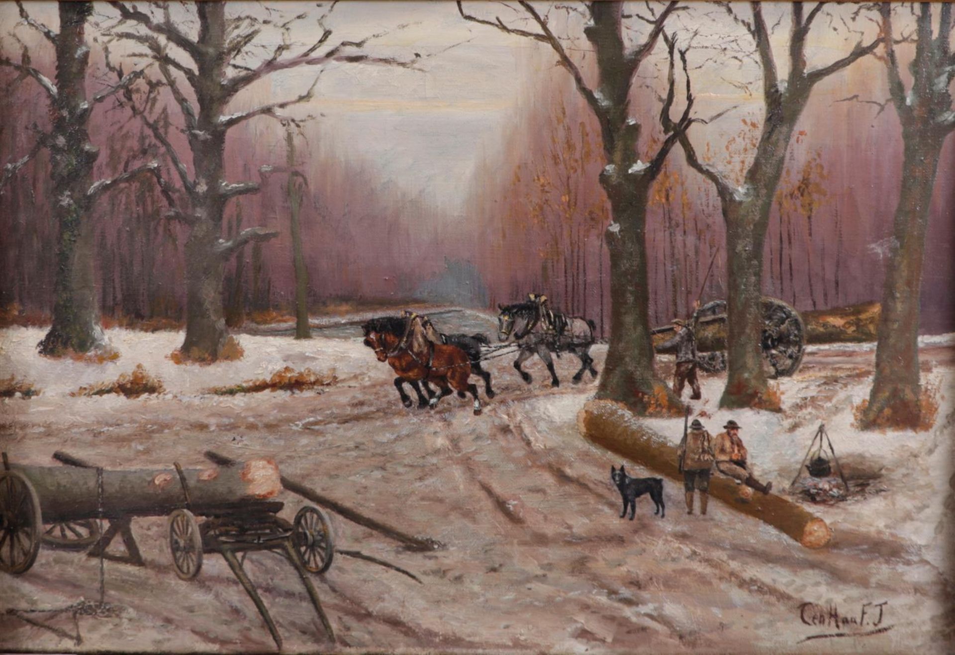 Dutch School, Woodmen in winter, signed 'Ten Hag', oil on canvas,
40 x 60 cm.