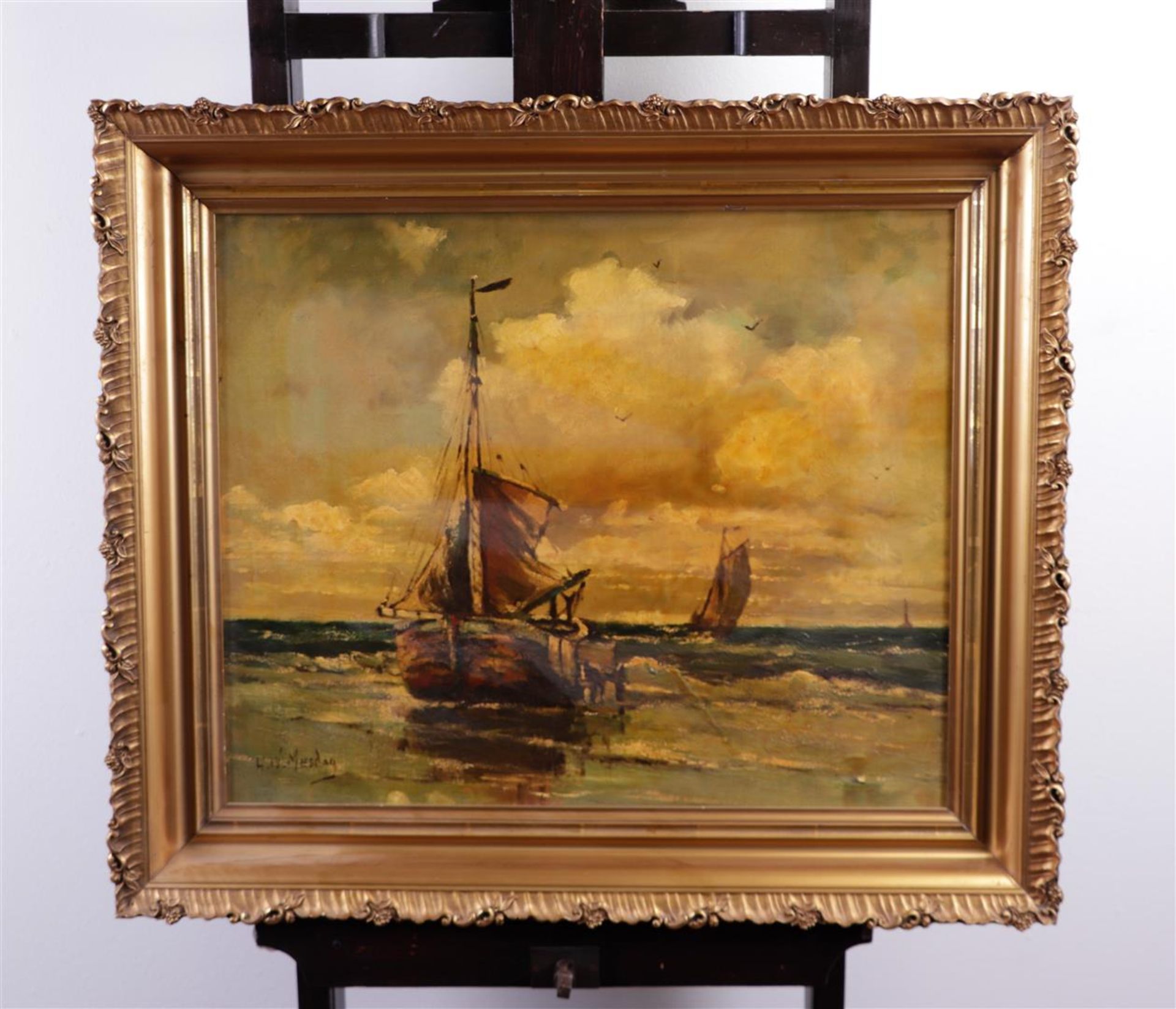 Dutch School, 20th century, signed H.W. Mesdag, Bomb barges in the surf, oil on panel,
50 x 55 cm. - Bild 2 aus 4