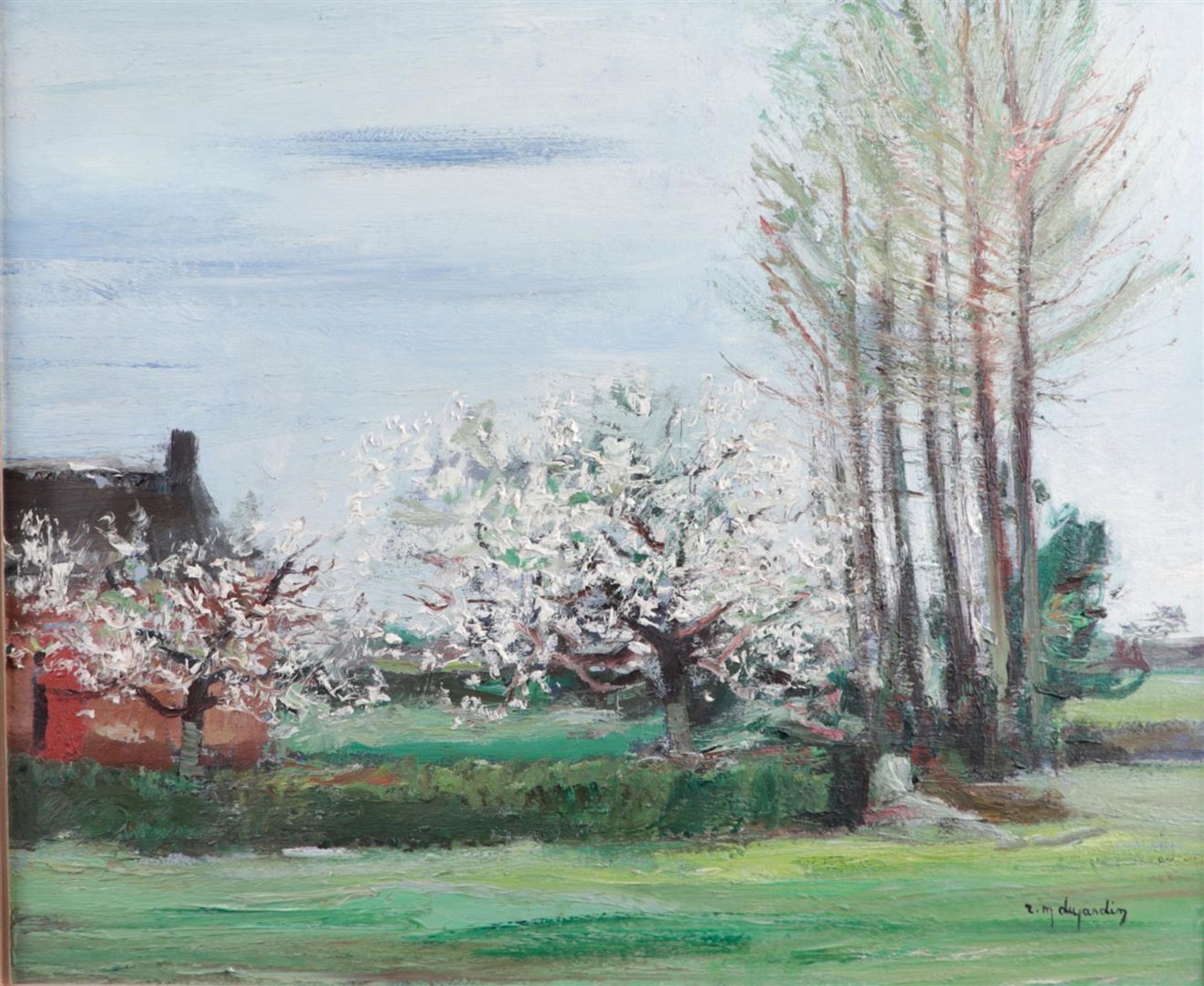 R. M. Dujardin, 20th century, Landscape with blossoms, oil on canvas,
50 x 60 cm.