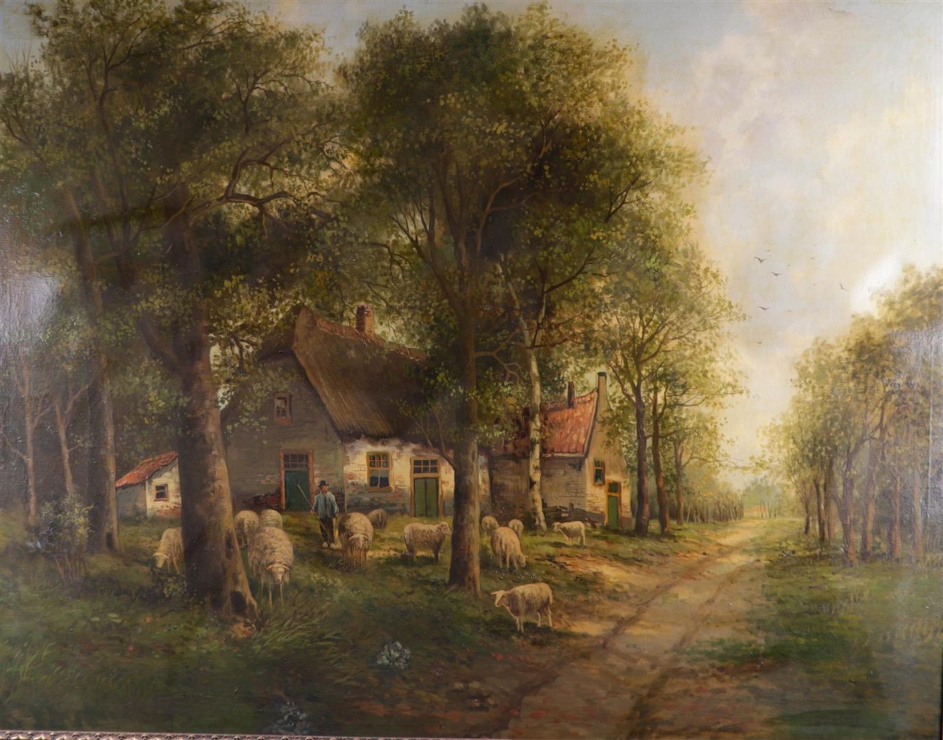 Dutch School, early 20th century, Farm on sandy path with shepherd and flock of sheep, unclearly sig