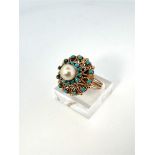 18kt yellow gold wire ring set with imitation pearl and turquoise. 
The ring has a beautiful twisted