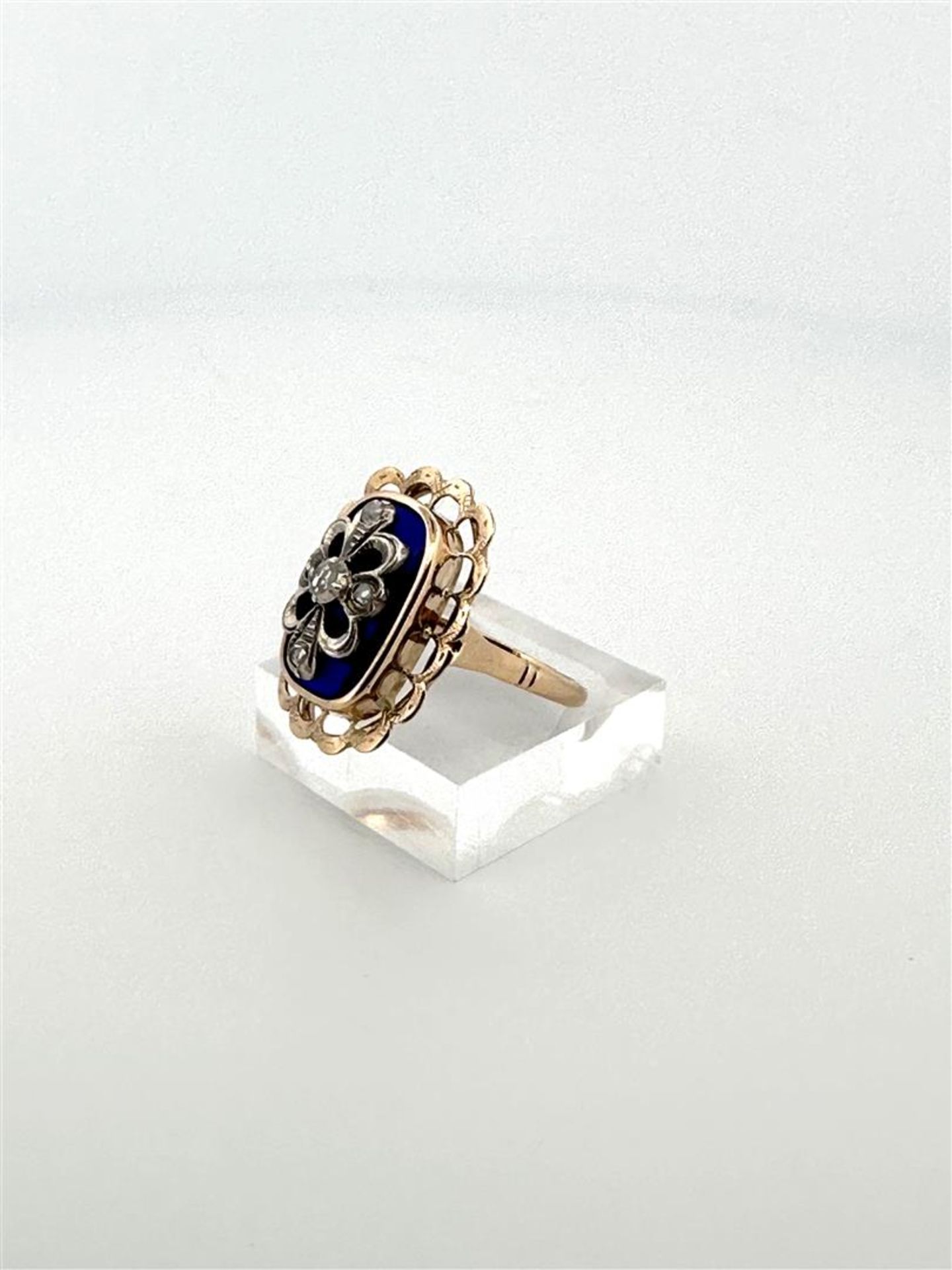 14kt bicolor gold antique appliqué ring with openwork scalloped edge, blue glass and rough diamond.
 - Image 4 of 5