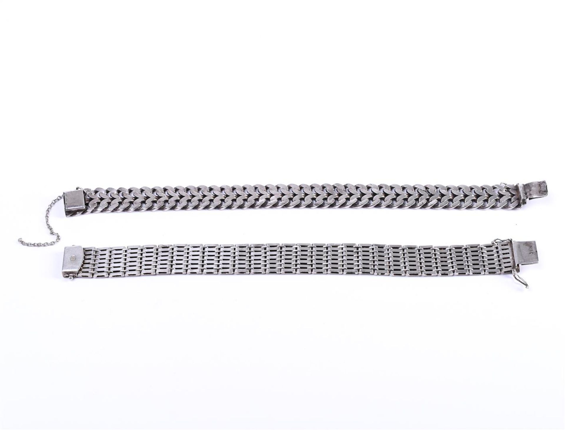 Two silver women's fantasy flat link bracelets, with a sliding clasp and safety chain and figure eig - Image 3 of 4