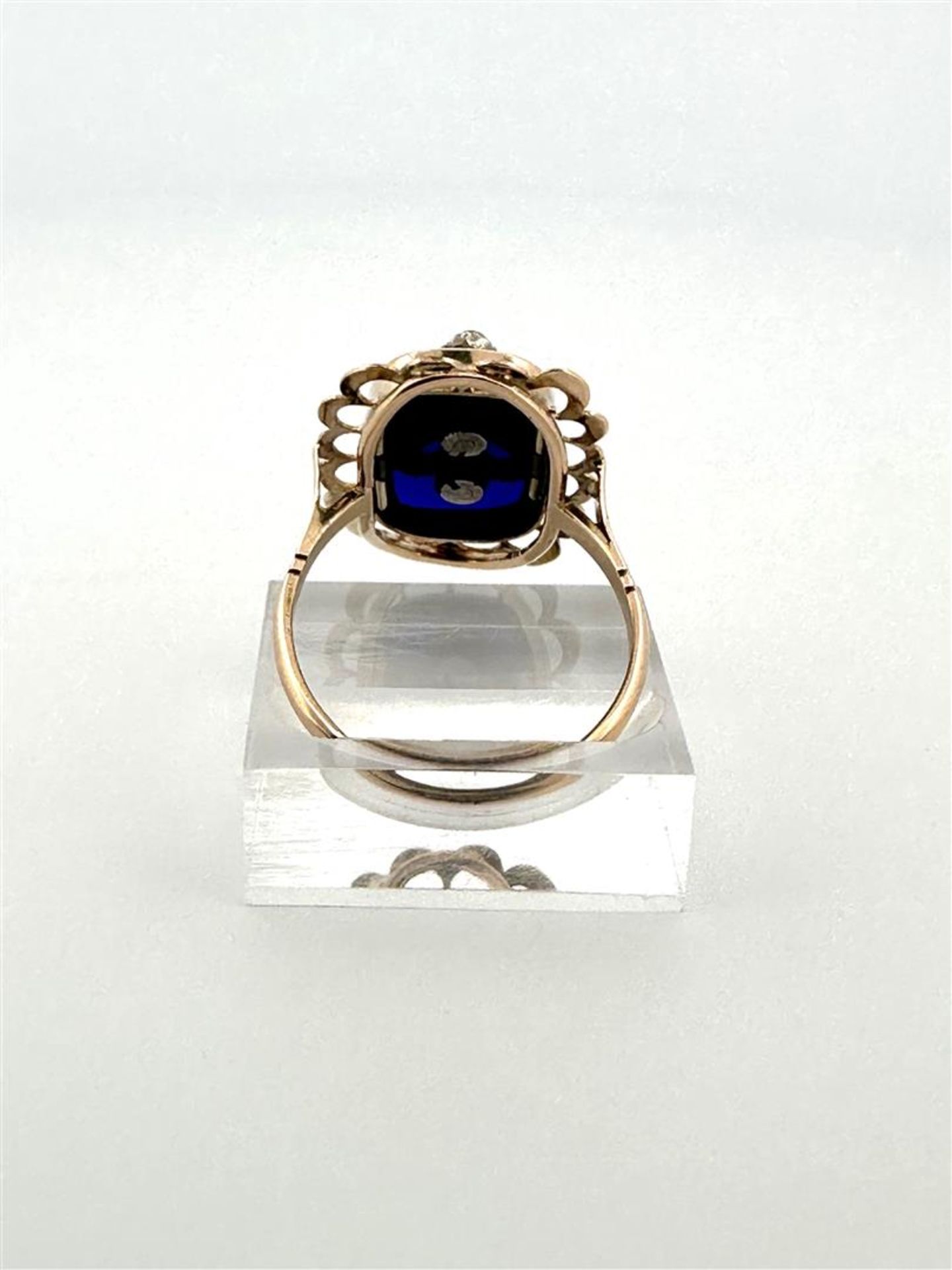 14kt bicolor gold antique appliqué ring with openwork scalloped edge, blue glass and rough diamond.
 - Image 3 of 5